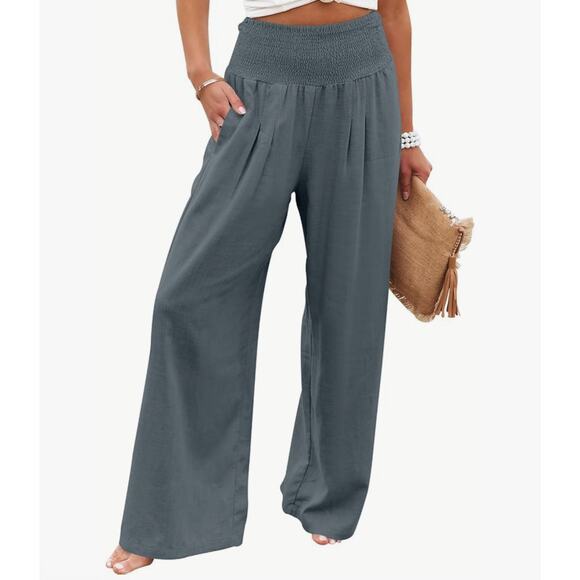 Amazon Linen Pants Womens Size Large Boho Wide Leg High Waist Lounge Gray Beachy - Picture 1 of 4